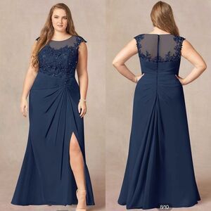 Azazie Libby A-Line Scoop Sequins Chiffon Dress Sz 20 Dark Navy Wedding